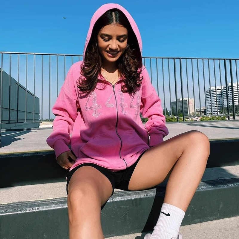 High Quality Cotton Custom Rhinestone Hoodie Casual Full Zip Up